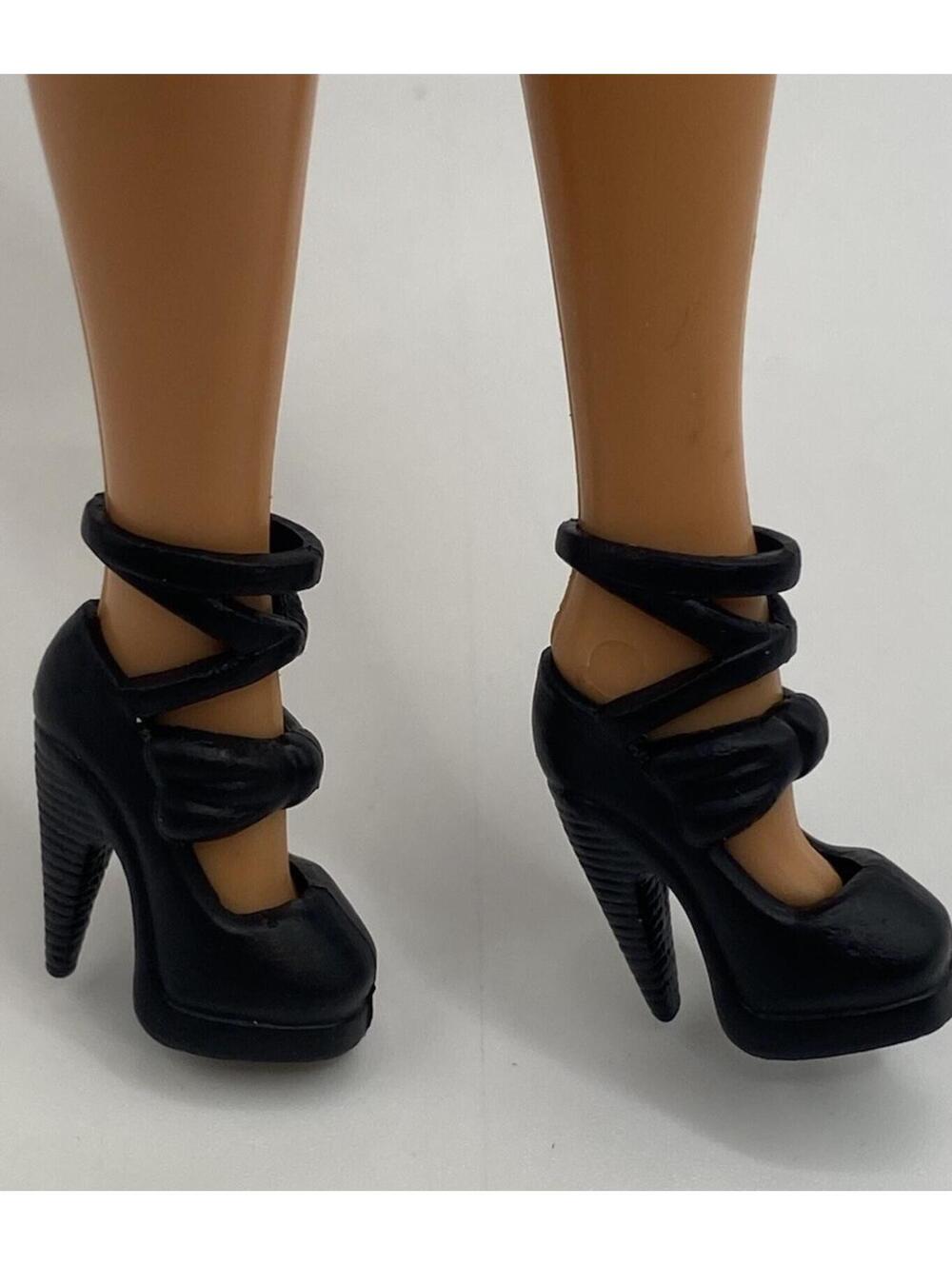 Barbie Doll Shoes Black Strappy Spike High Heels Platform  Bow Closed Toe  B20